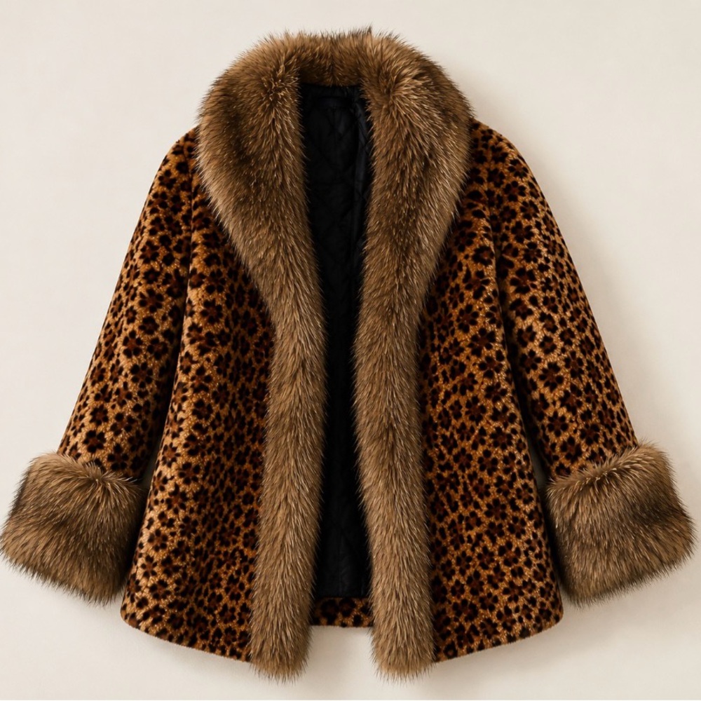 Brown Faux Fur Leopard-Print Coat with Trim